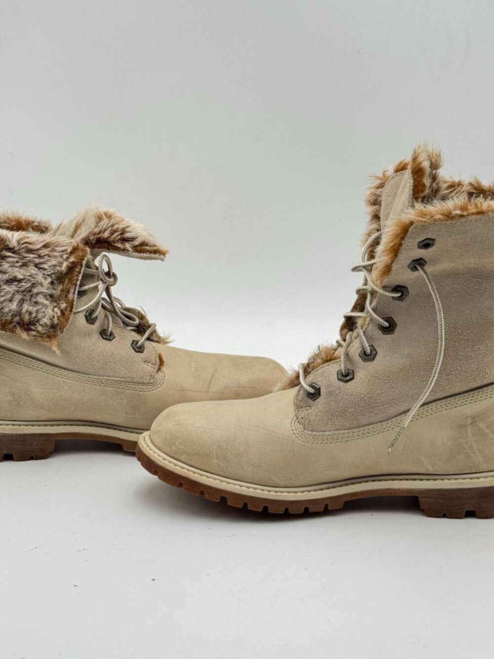 Timberland Faux Fur Fold Down Leather Boots Womens 8.5M Tan Gorpcore Distressed